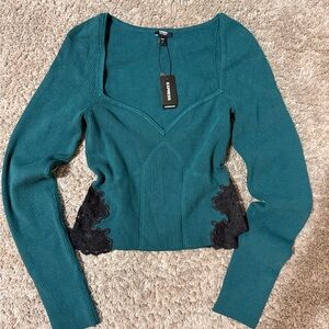 Express Teal Ribbed Long Sleeve Top with Black Lace Side Panels